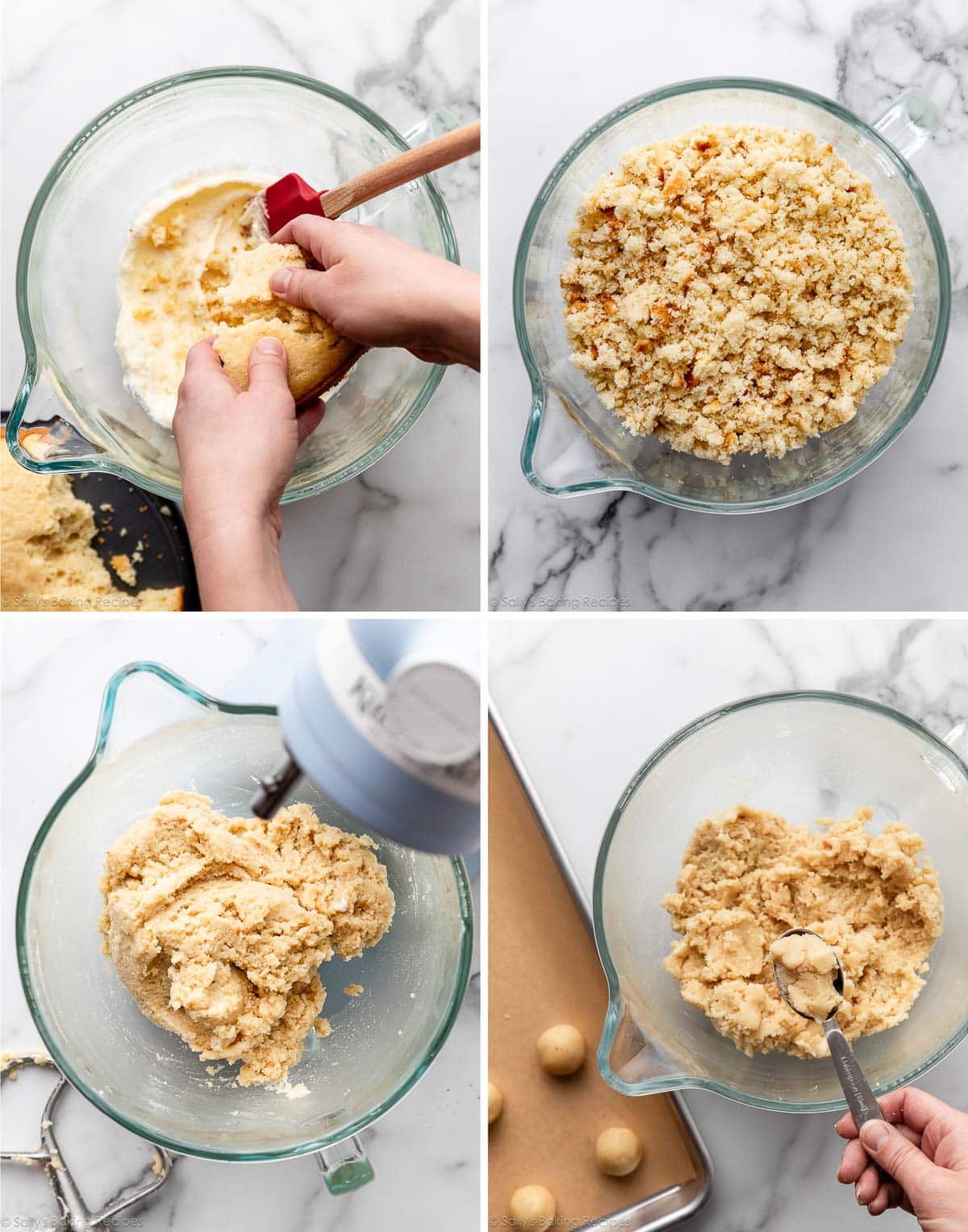 photo du processus montrant le mélange des miettes de gâteau avec le glaçage à la vanille.