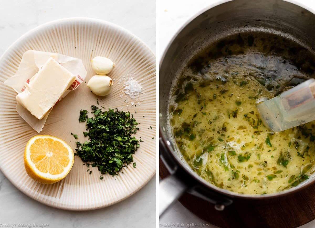 citron, beurre, ail, herbes, et sel sur une assiette, puis fondus ensemble comme une sauce dans une casserole.