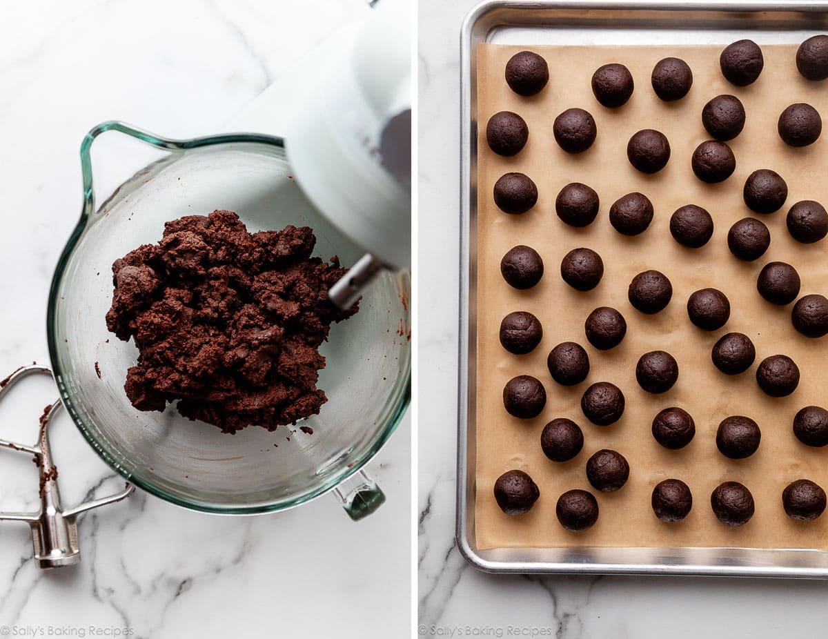 mélange au chocolat dans un bol et montré ensuite roulé en boules.