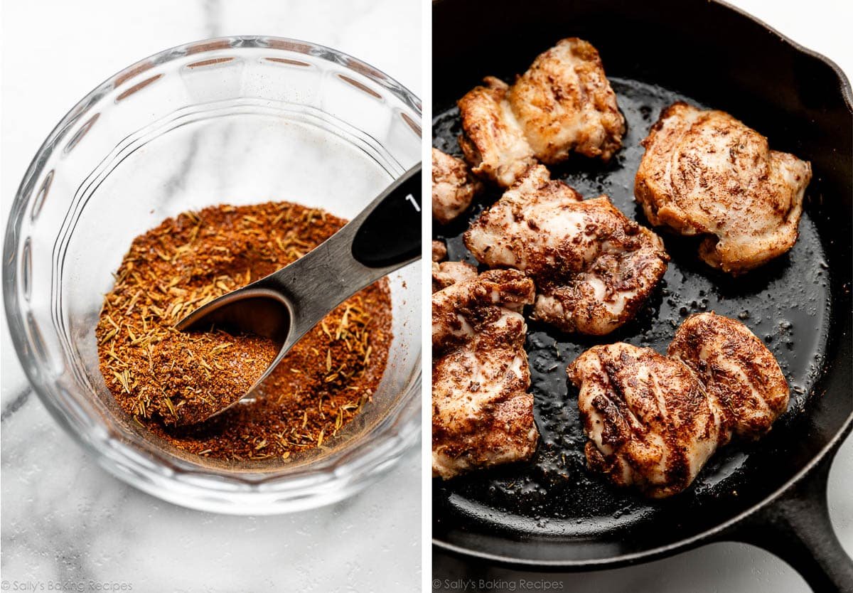 mélange d'épices dans un bol en verre et poulet cuit dans une poêle en fonte.