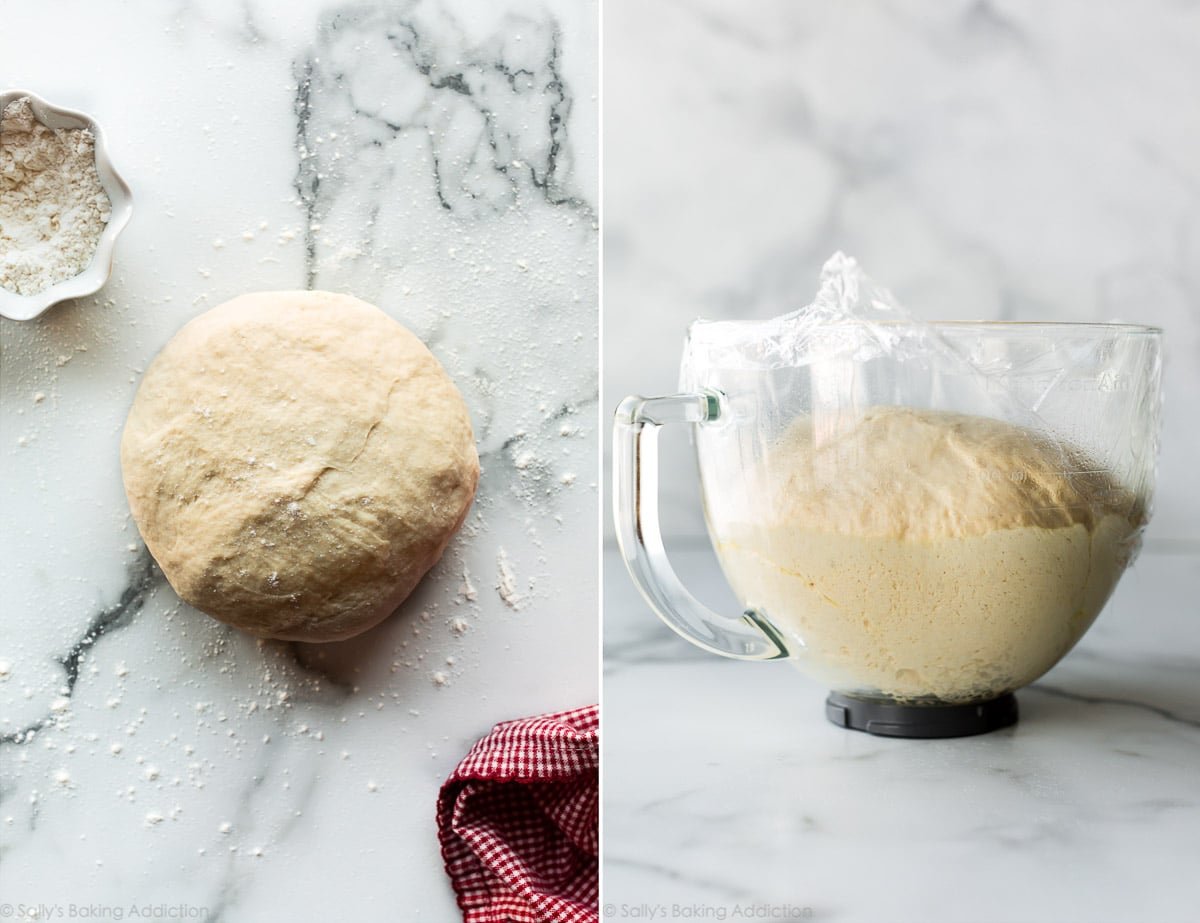 Deux images de pâte à pizza maison sous forme de boule et en train de lever dans un bol en verre sur le comptoir