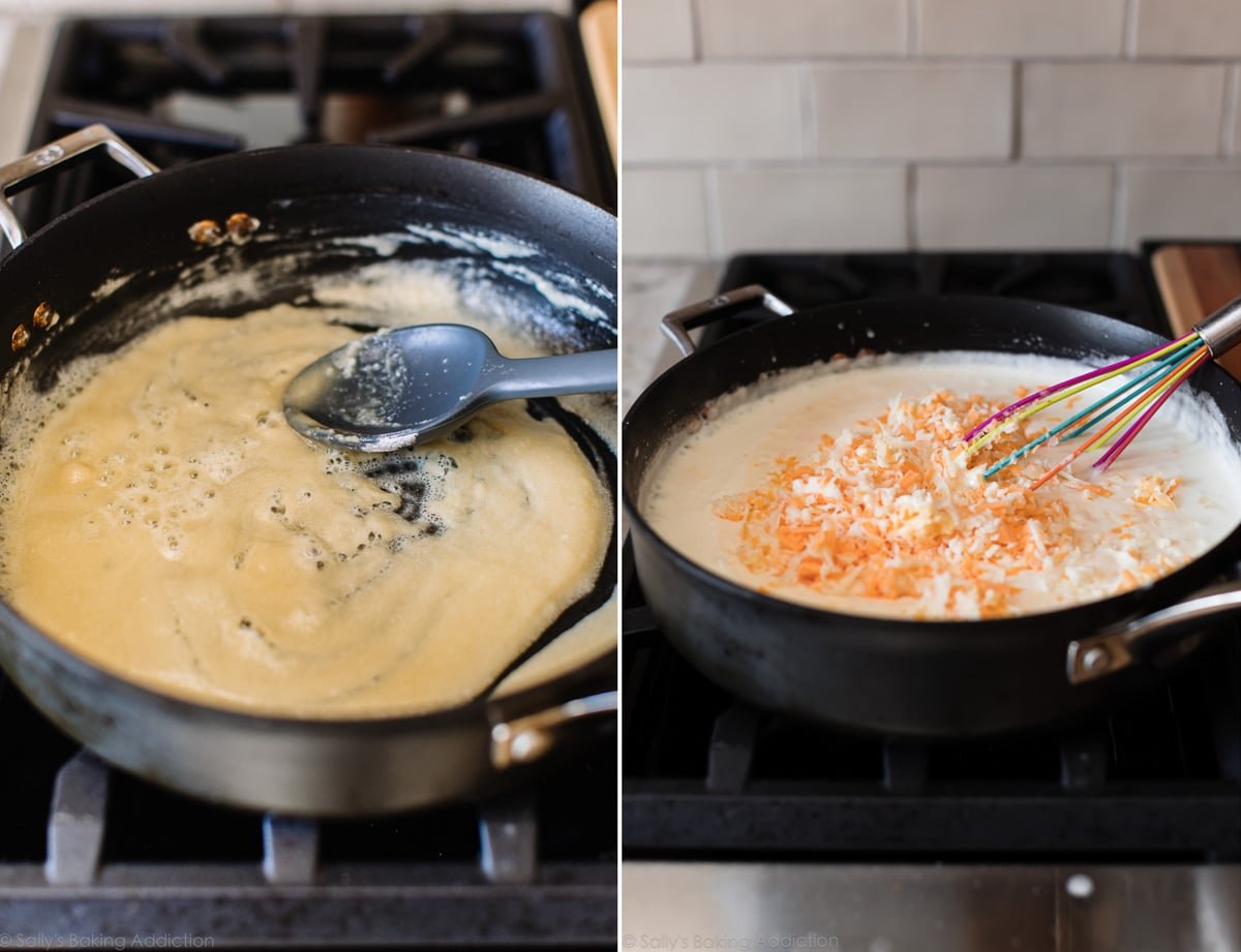 Images de sauce au fromage pour macaroni au fromage dans une poêle sur la cuisinière