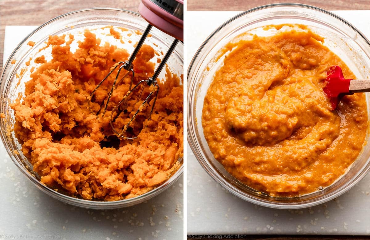 deux photos de purée de patates douces dans un bol en verre.