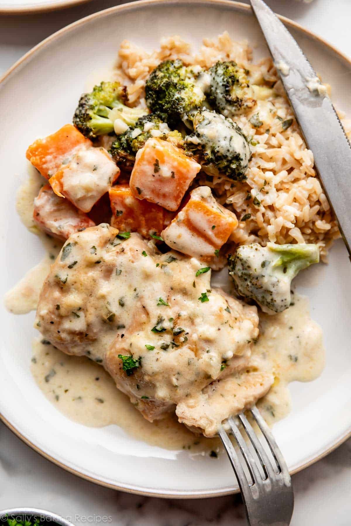 poulet et légumes crémeux à l'ail sur du riz brun sur une assiette.