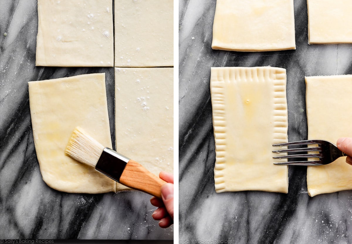 Badigeonnage de lait d'œuf sur la pâte et pincement des bords avec une fourchette.