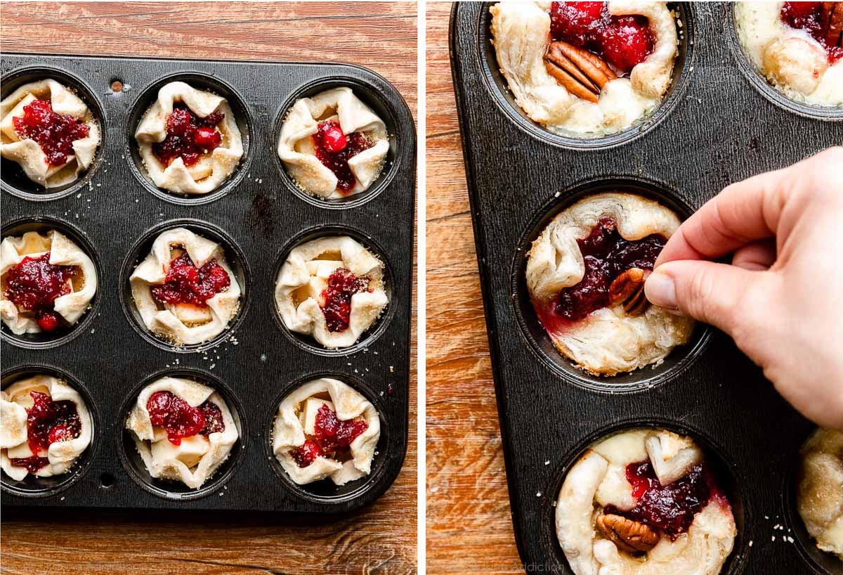 tartelettes assemblées aux gouffres de cranberry et brie et montrées à nouveau plaçant une pacane dans chacune.