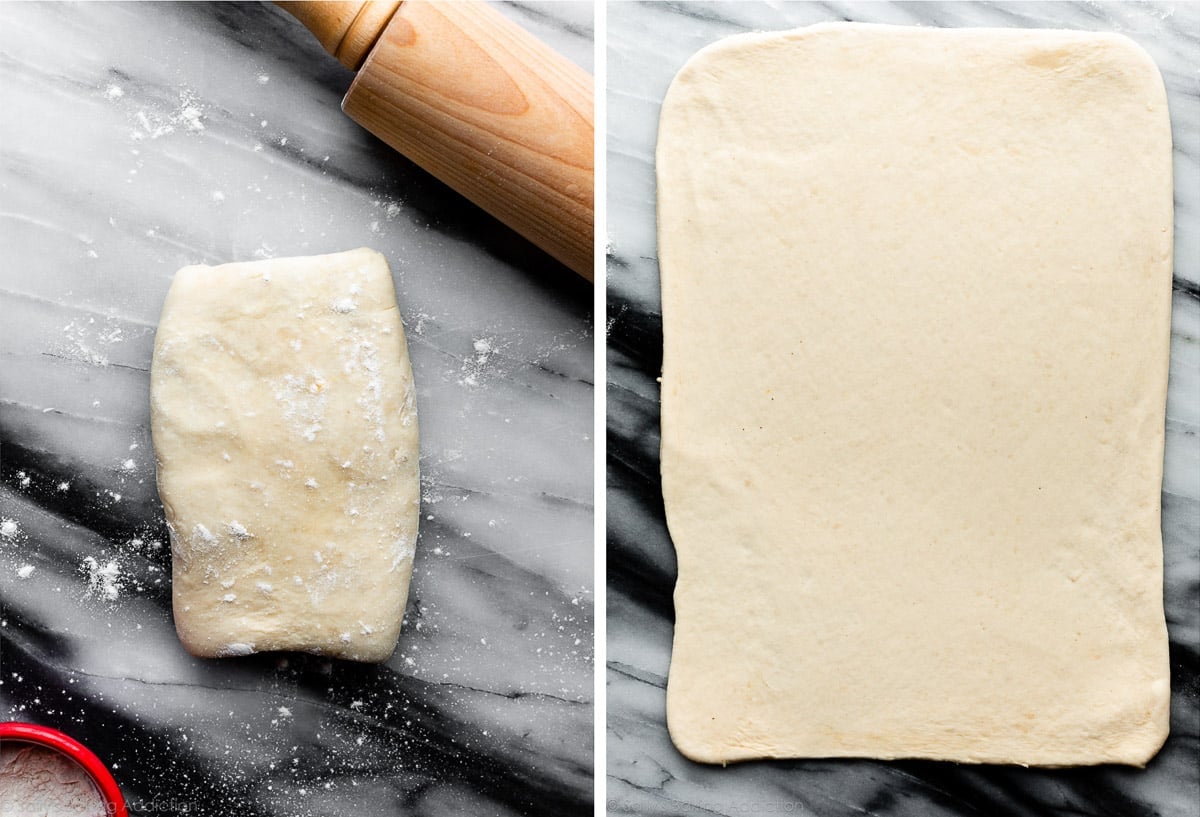 pâte à pâtisserie sur le comptoir en marbre avec un rouleau à pâtisserie et montrée à nouveau étalée en un grand rectangle.