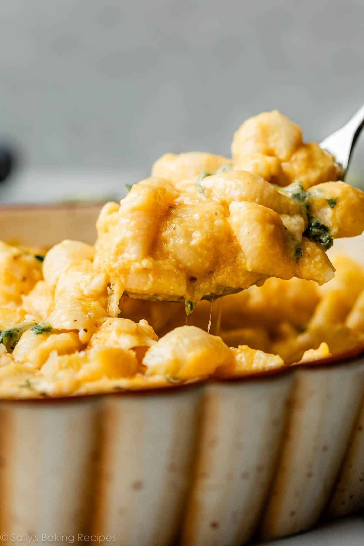 une cuillère de macaroni au fromage à la courge butternut sortant de la poêle.