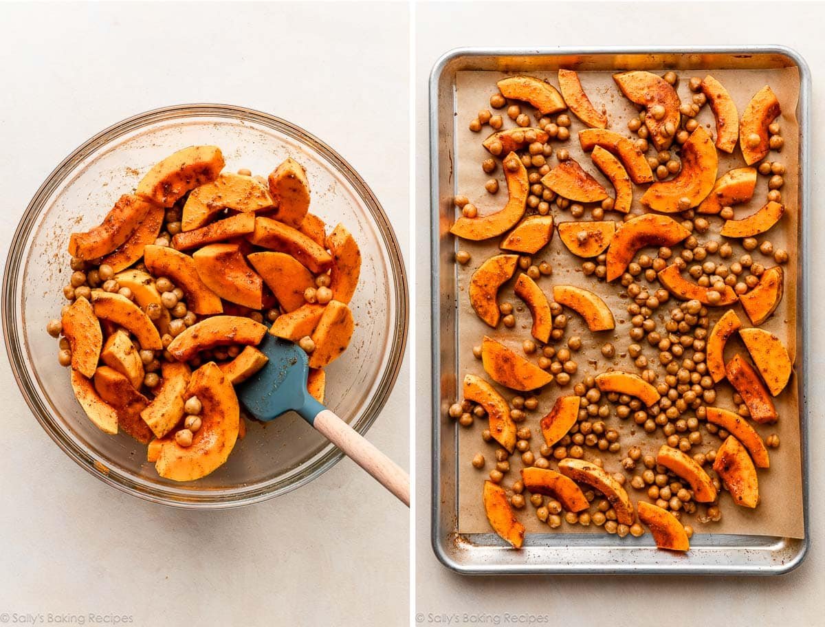 courge butternut tranchée avec des pois chiches dans un bol en verre et étalée sur une plaque de cuisson.