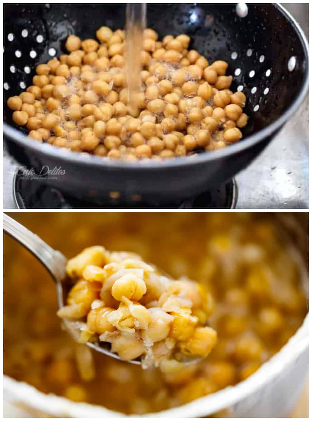 Image du haut : Pois chiches dans une passoire étant rincés sous l'eau, Image du bas : Pois chiches ramollis sur une cuillère en argent.