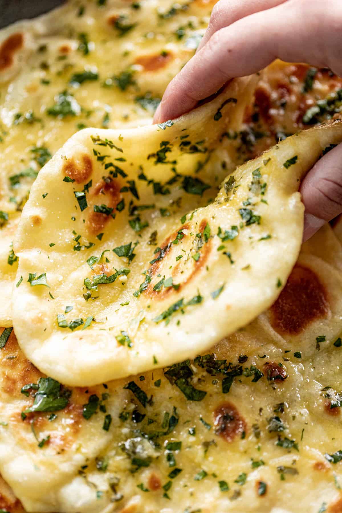 Tenir un Pain Naan à l'ail sur une assiette avec une pile de naan. Garnie de coriandre fraîche hachée.