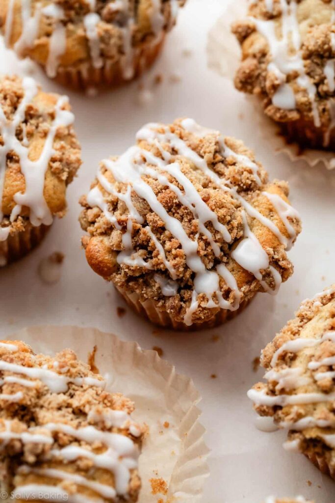 crumb cake muffin with icing.