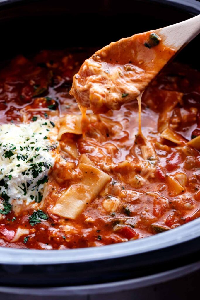 Lasagna Soup in a bowl with wooden spoon