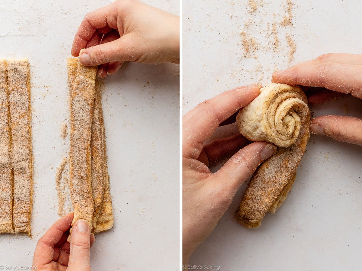 hands layering strips of dough and shown again rolling layered dough into a cinnamon-roll shape.