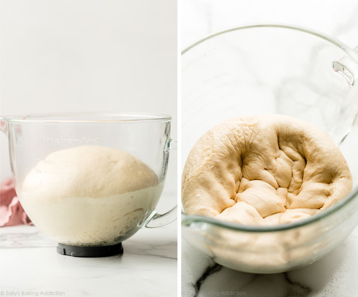 dough pictured in glass bowl after 1st rise and pictured after punching down