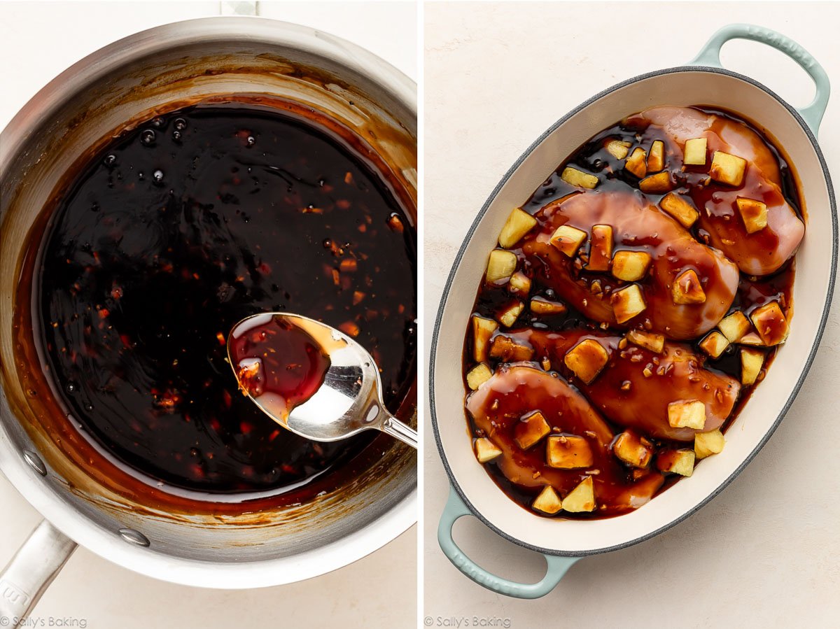 sauce teriyaki maison dans une casserole et versée sur du poulet cru et de l'ananas dans un plat de cuisson.