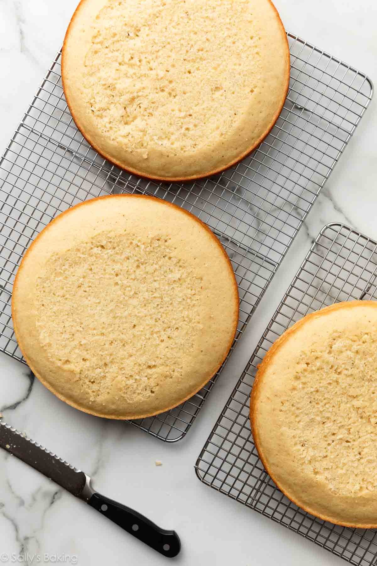 couches de gâteau nivelées sur une grille de refroidissement.