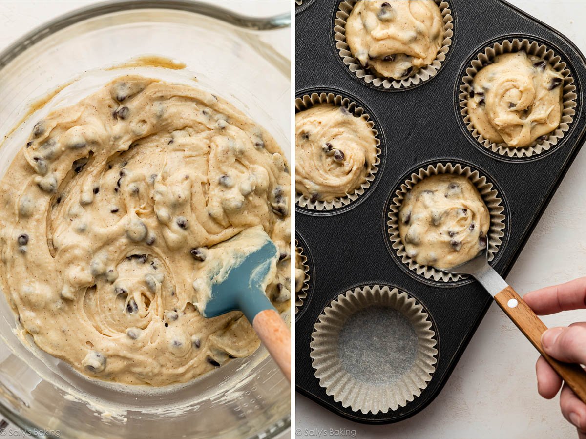 pâte à muffins au chocolat dans un bol, montrée en train d'être versée dans des caissettes à muffins.