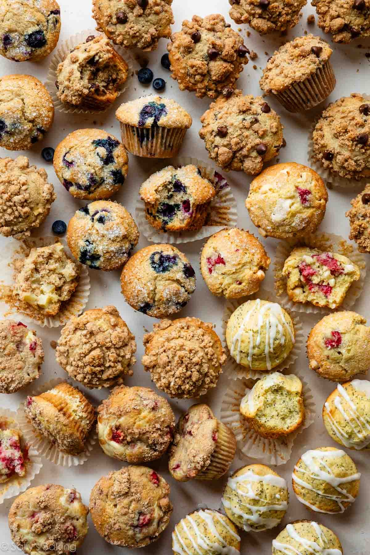 muffins de différentes saveurs, y compris myrtille, citron et graines de pavot, cheesecake aux fraises, et pépites de chocolat.