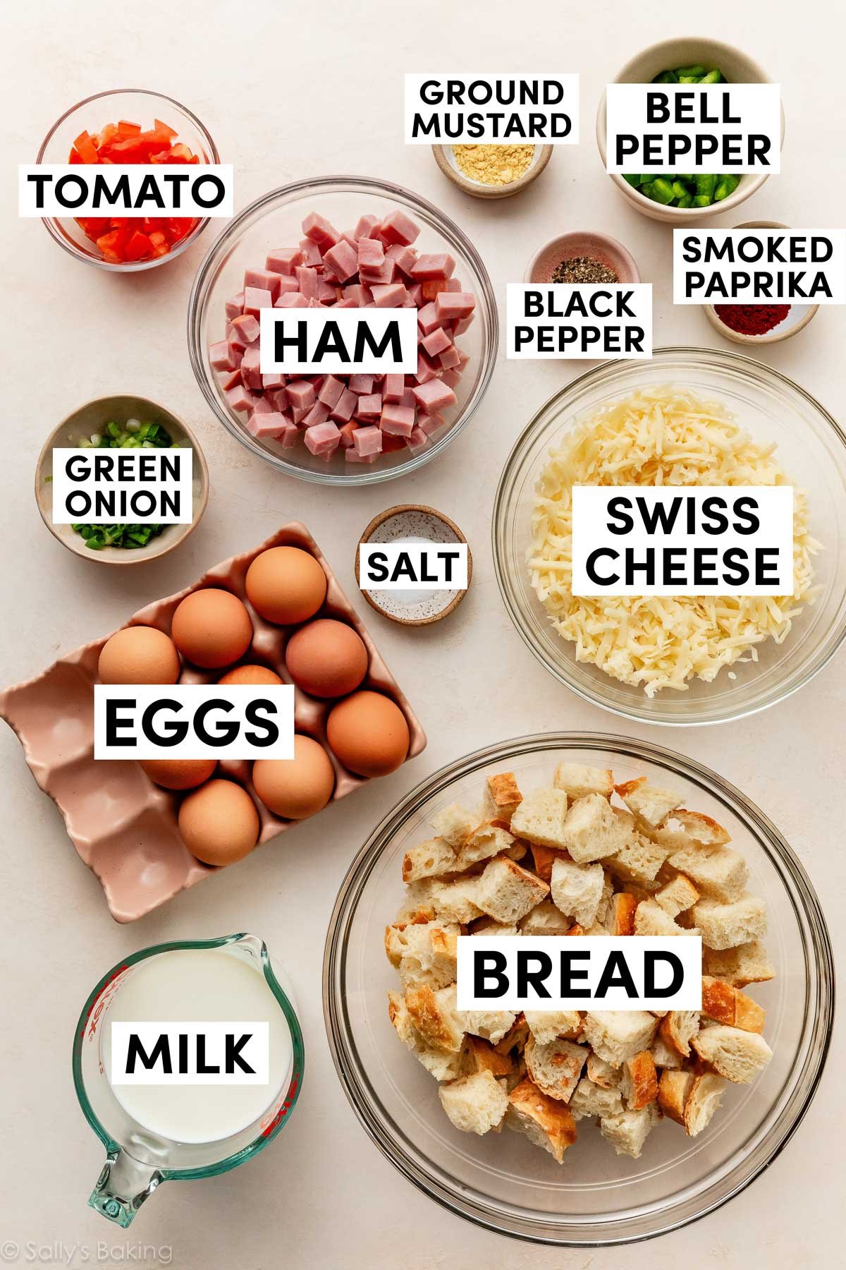 ingrédients mesurés sur une surface beige incluant des œufs, du pain en cubes, des tomates, des poivrons et des assaisonnements.
