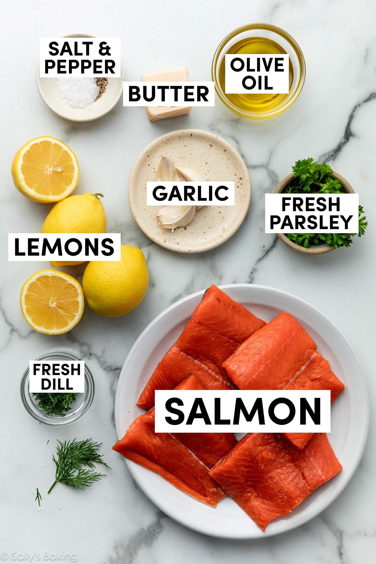 ingrédients mesurés incluant le sel, le poivre, les herbes, l'ail, l'huile d'olive et des citrons.