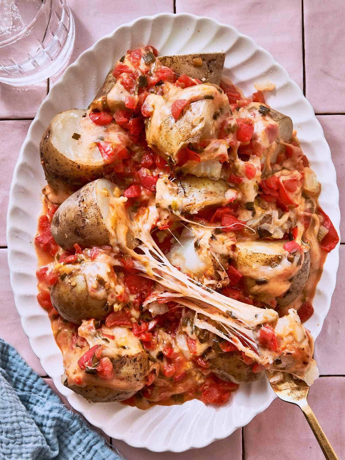 Pommes de terre au fromage servies dans un plat blanc, garnies de mozzarella fondue, tomates et oignons verts, avec une fourchette dorée soulevant un tir à fromage filant.