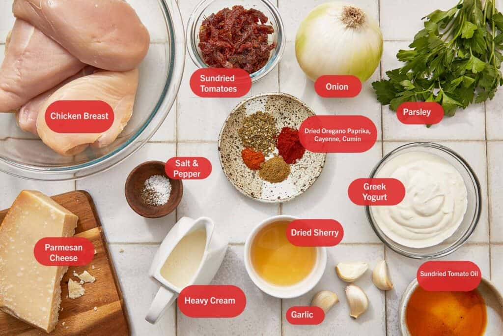 Disposition des ingrédients du poulet au yaourt grec.