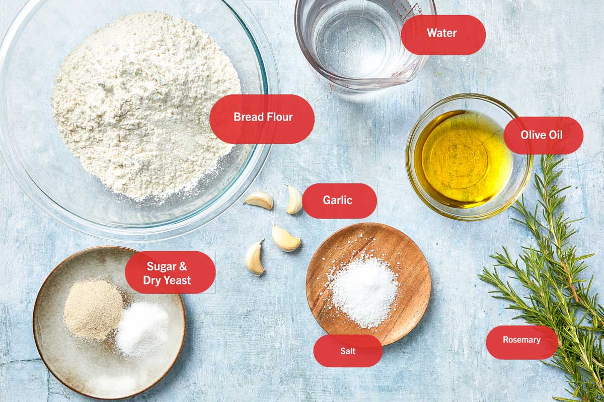 Disposition des ingrédients de la focaccia étiquetés