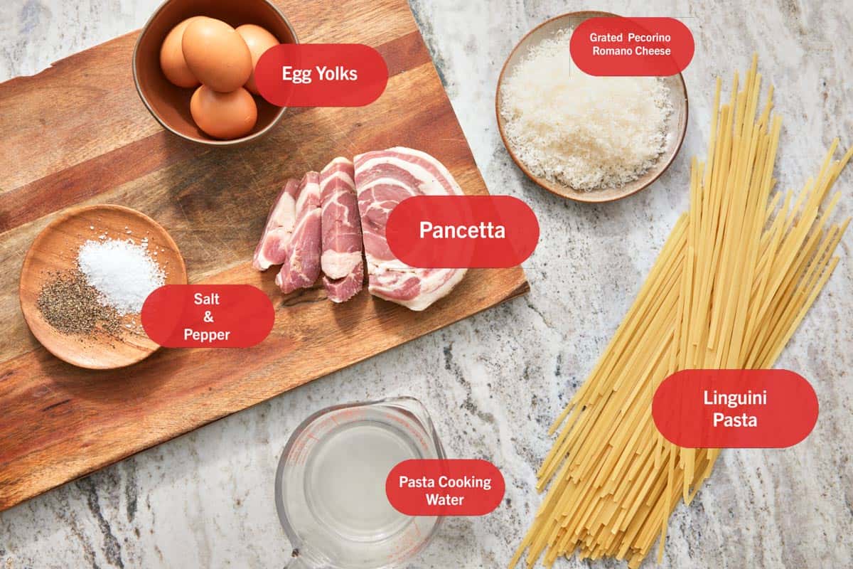 Ingrédients étiquetés pour la carbonara crémeuse