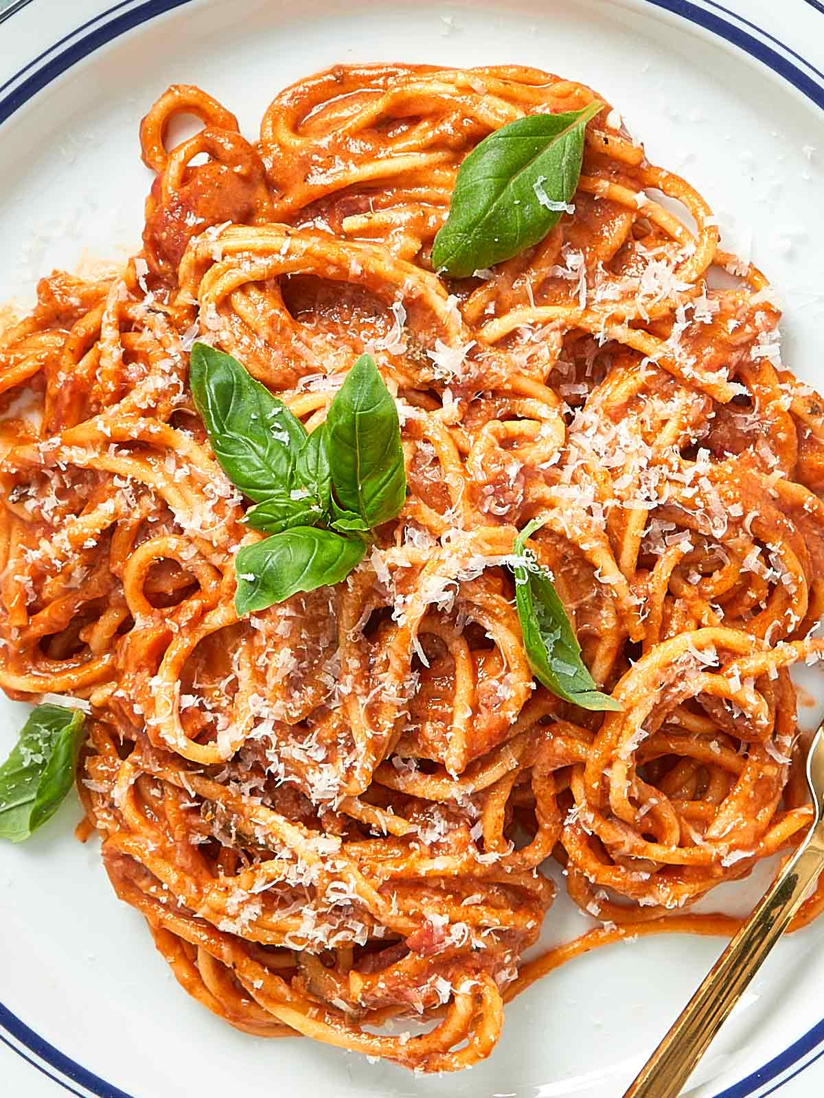 Gros plan sur une assiette de pasta crémeuse aux tomates avec du basilic frais et du parmesan, servie dans un plat blanc.