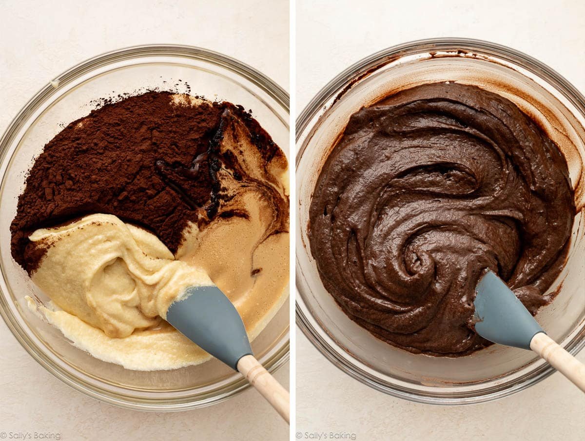 poudre de cacao mélangée à la pâte à vanille dans un bol en verre.