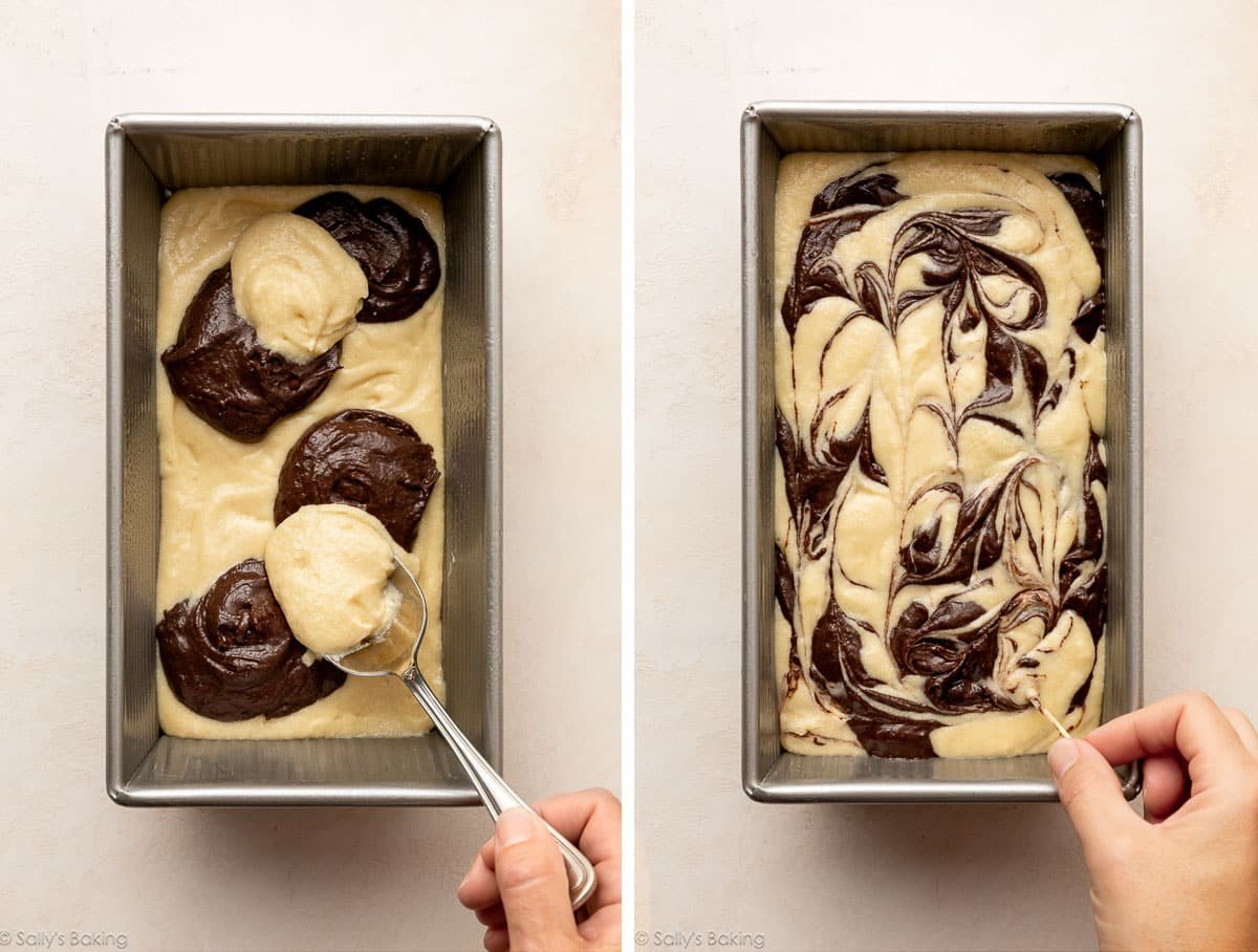 entrelacement des pâtes chocolat et vanille dans le moule à cake.