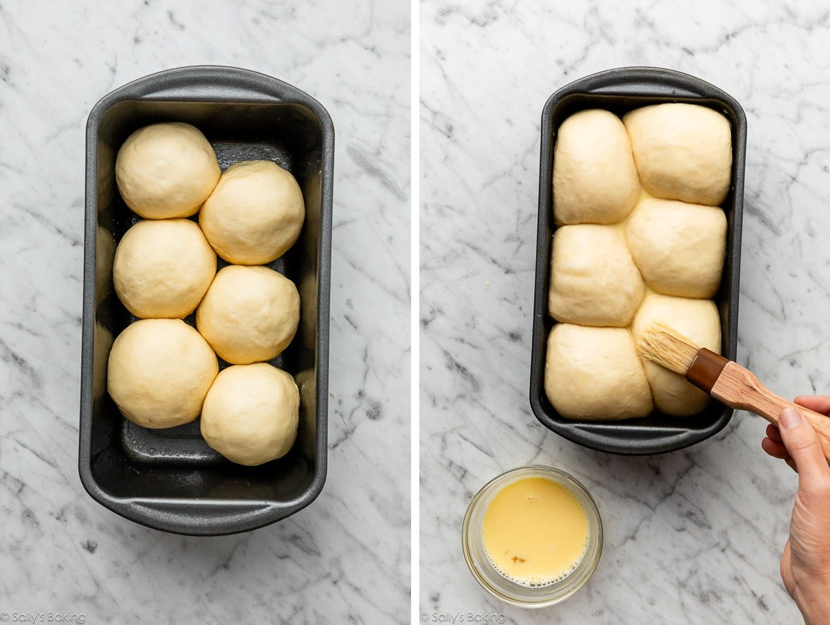 6 boules de pâte dans un moule à pain, montrées à nouveau après avoir levé.