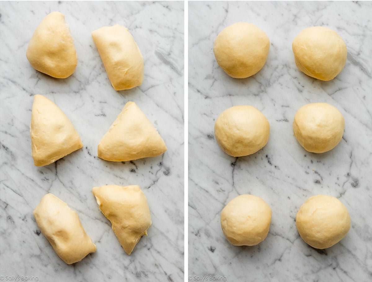 6 morceaux de pâte montrés à nouveau roulés en boules.