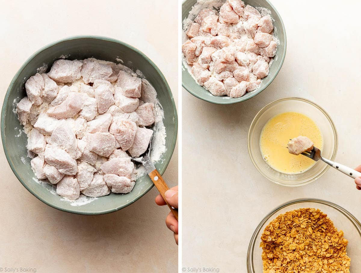 enrobant des bouchées de poulet dans la farine et en les plongeant dans l'œuf.