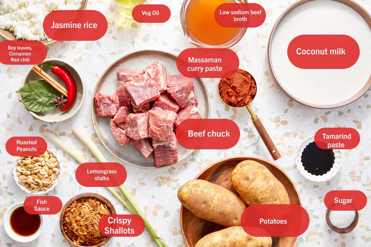 Ingrédients pour le Curry de Bœuf Massaman disposés sur une table.