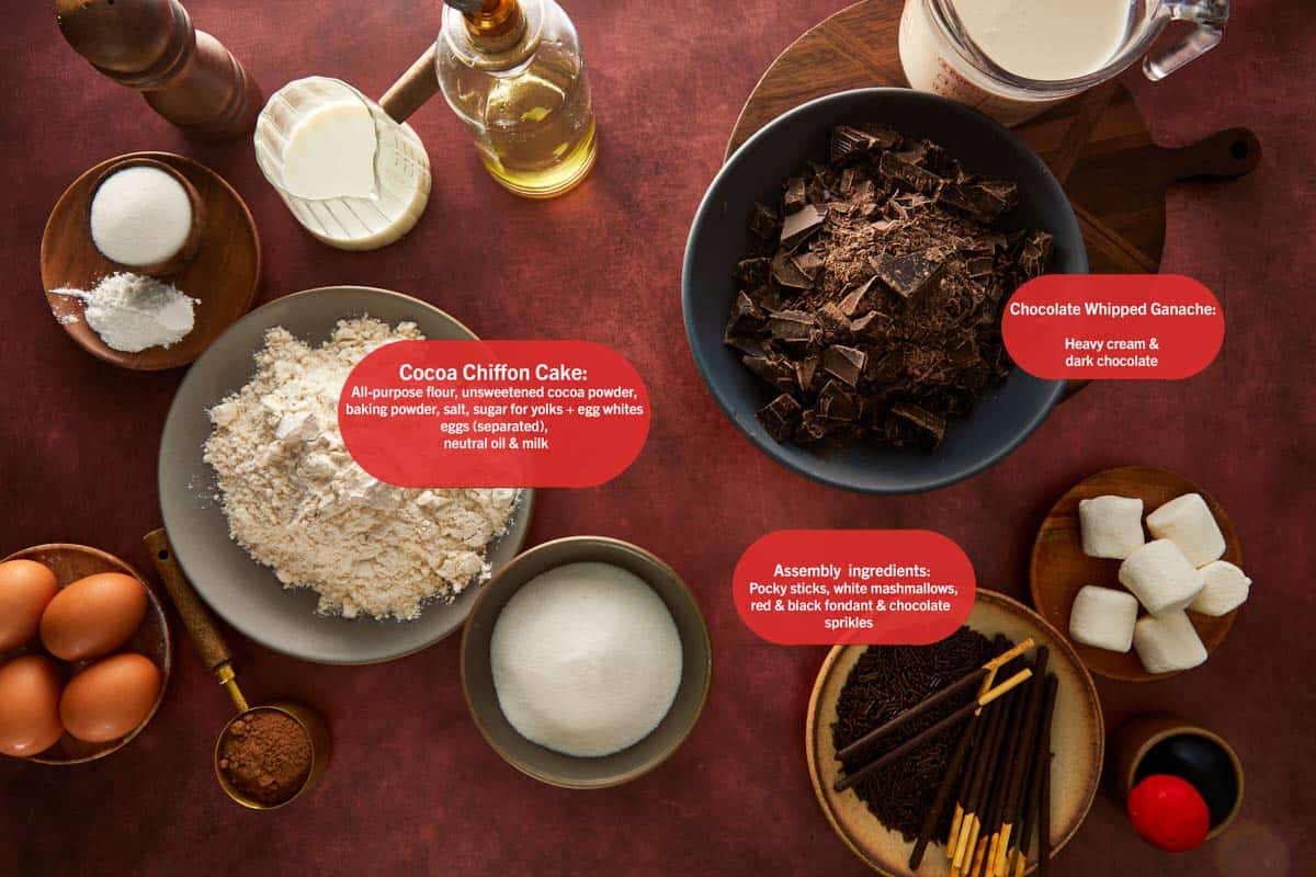 Vue aérienne des ingrédients du Gâteau à étages en chocolat : poudre de cacao, farine, œufs, morceaux de chocolat, lait, huile et bâtonnets de Pocky.