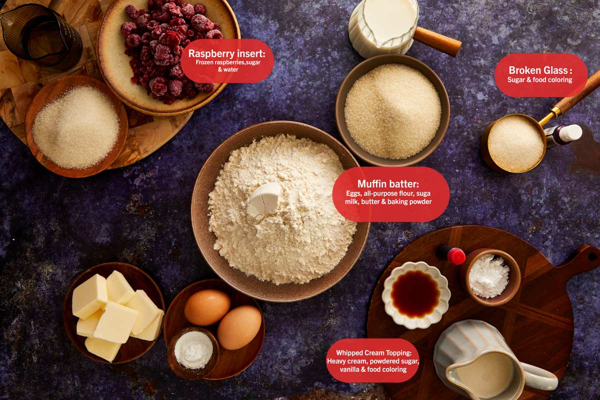 Ingrédients pour les Bloody Raspberry Muffins, incluant farine, sucre, œufs, beurre, lait, framboises et composants étiquetés pour la pâte à muffins, l'insert de framboise, le topping de crème fouettée, et le verre à bonbons.