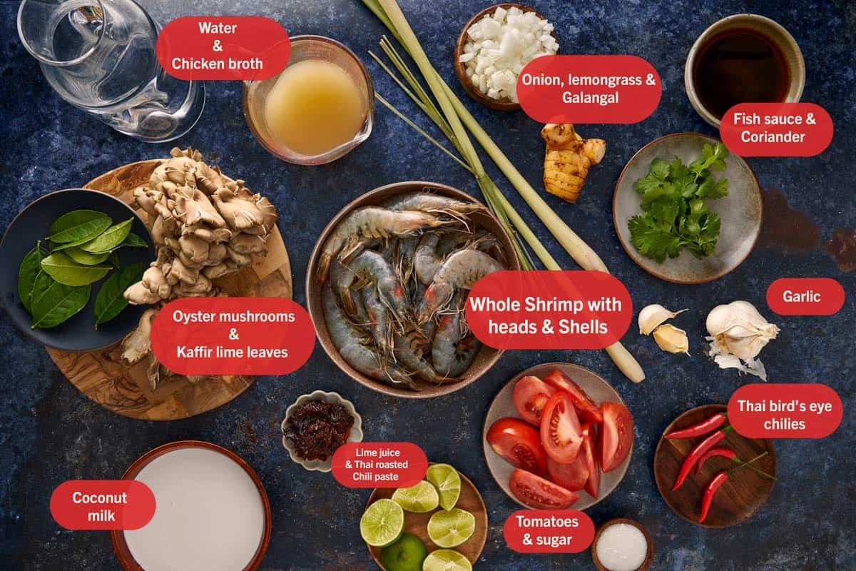 Vue d'ensemble des ingrédients pour la soupe Tom Yum Kha, disposés sur une surface bleu foncé.